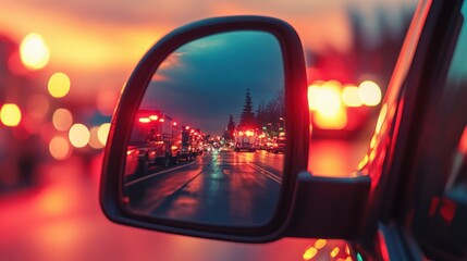 City traffic reflected in a car side mirror