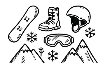 Snowboarding Doodle Icons. Snowboarding doodle icon set: hand drawn icons of snowboard, boots, helmet, goggles, snowflakes, and