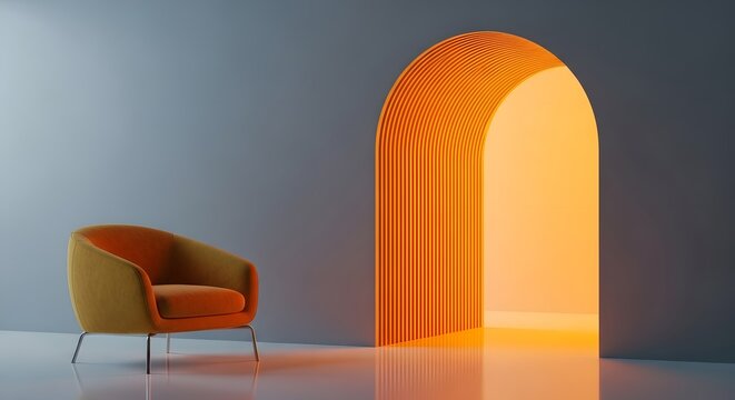 Modern interior with an orange chair and an arched doorway, creating a stylish and minimalist space with a pop of color and light