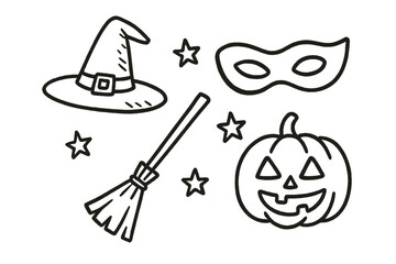 Halloween Costume Icons. Halloween costume doodle icon set: hand drawn icons of witch hat, mask, broom, pumpkin, and stars.