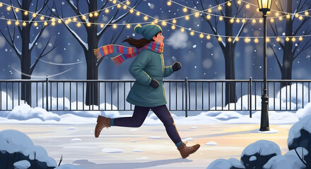 Woman running in snowy winter park at night with festive string lights and a lamppost