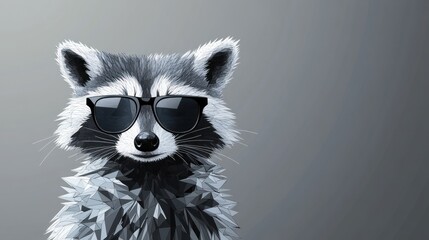 Raccoon with sunglasses portrait gray background