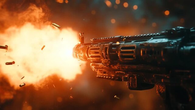 Close up of a heavy machine gun firing with muzzle flash and ejected casings.
