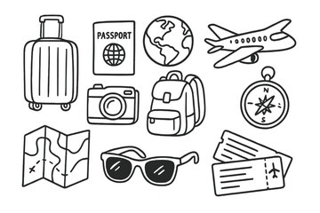 Travel Doodle Icons. Travel doodle icon set: hand drawn icons of suitcase, passport, globe, airplane, camera, backpack, compass,