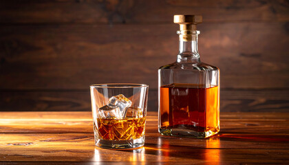 木製カウンターに置かれたウイスキーボトルと氷入りグラスが灯りに輝く上質な大人の時間