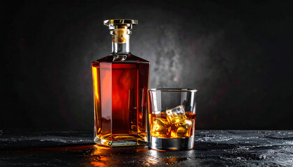 氷を浮かべたグラスとウイスキーボトルが並ぶ重厚な黒背景の中に漂う大人の静けさ