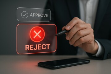 Person in suit using digital tablet for approval decision with reject option and red indicator for denial