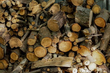 Wall from dry firewood stacked up on top of each other in a pile. Textured wooden background