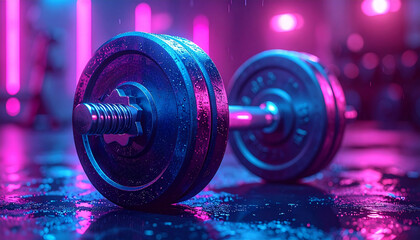 Close-up of a heavy dumbbell resting on a wet, reflective floor in a dimly lit gym with neon lighting