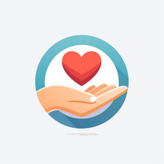 A caring hand holding a red heart in a circular icon symbolizing love, charity, and health.