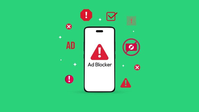 Ad block error appearing on the smartphone screen with red floating shapes around it, 4k animation with green screen