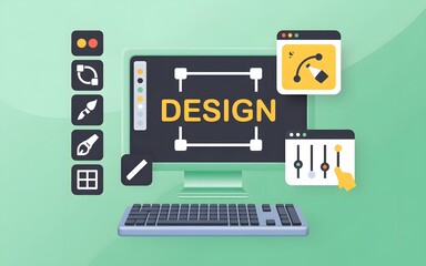 A computer screen displaying the word DESIGN along with design tools, symbols, and a keyboard. The tools and symbols illustrate the process of creating design-related work