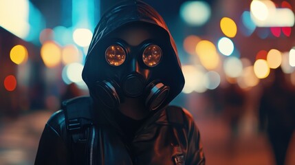 Person in gas mask at night