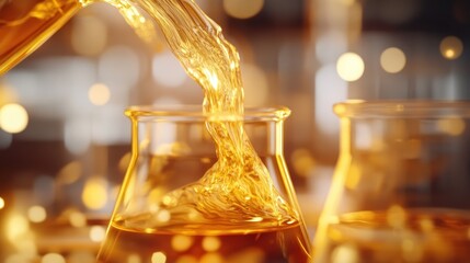 Liquid pouring into lab flask scientific research