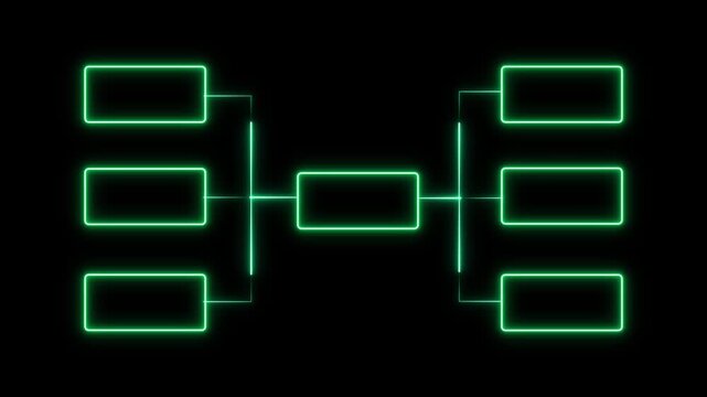 Animation of neon glowing team Tournament bracket templates isolated on black background. Championship bracket schedule for soccer, football, basketball, baseball or tennis.