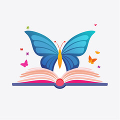 Illustration of a blue butterfly emerging from an open book with colorful pages.