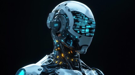 Futuristic robot head on dark background