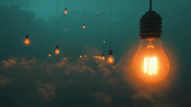 Hanging glowing light bulbs above soft clouds in dark teal sky creating dreamy atmospheric illumination and creative energy concept scene