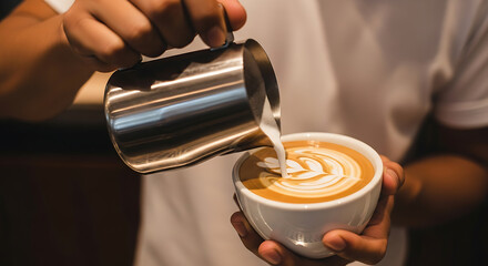 Close up of barista pouring milk into a cup of coffee making latte art.