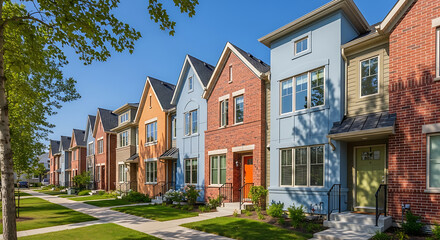 Obraz premium Row of colorful townhouses with green lawn and sidewalk on a sunny day in a suburban neighborhood.
