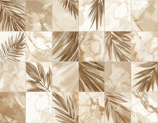 Texture of ceramic tile with a seamless pattern of tropical plants in beige tones. Material for interior. Design mockup and background.