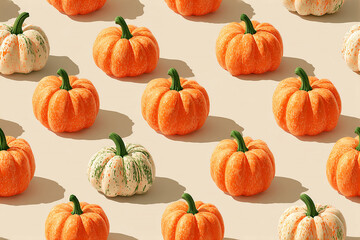 Seamless pattern. Orange small pumpkins in several rows. Minimalist style. Drawing style.