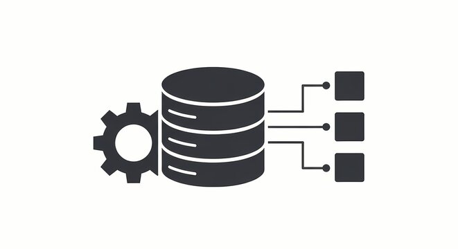 Database Integration Icon with Gear and Connected Nodes, Data Management Symbol