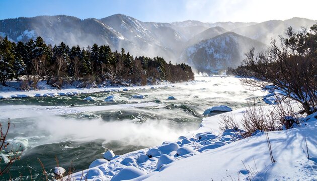 Winter river rapids, snow-covered banks, mountains
