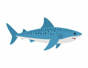 Fototapeta premium A blue cartoon shark with black spots and white underbelly against a clean white background.