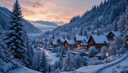 Fototapeta premium Enchanting winter wonderland scene with snow-covered village nestled in mountains at sunset for holiday promotions and vacation packages
