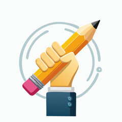 A stylized illustration of a hand in a suit jacket holding a large yellow pencil with a pink eraser.