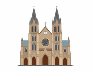 Fototapeta premium Graphic illustration of a tan Gothic church with two towers and a clock, set against a plain white background.