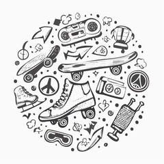 Black and white illustration of various recreational items arranged in a circular composition.