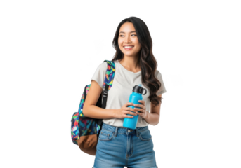 Young smiling woman with backpack and water bottle ready for adventure isolated on transparent background