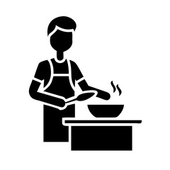 Vector art of chef cooking meal in bowl, a simple and minimalist glyph icon representing culinary activity and food preparation, perfect for restaurant