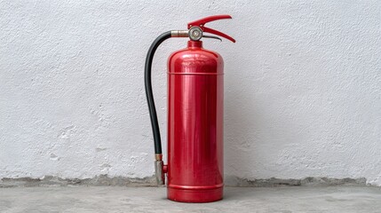 Obraz premium A fire extinguisher, standing tall and red, symbolizing safety and preparedness in a simple indoor setting against a textured white wall and concrete floor.
