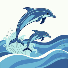 Vector art of two dolphins jumping out of the water, creating a playful scene with waves and splashes