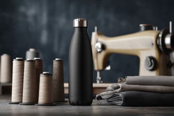 Black Water Bottle with Sewing Machine and Spools of Thread