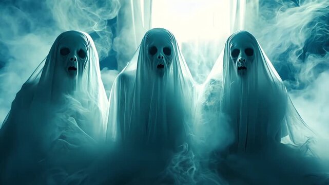 Three ghostly figures shrouded in smoke