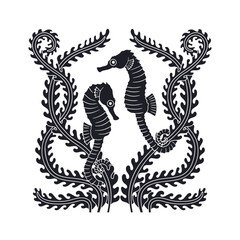 Art nouveau style sea horse couple swimming amongst seaweed hand drawn silhouette vector illustration