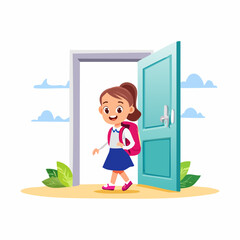 A cheerful young girl with a backpack walks out of a bright blue door.