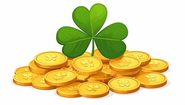 Illustration of a pile of shiny gold coins adorned with a vibrant green cloverleaf symbolizing good luck and prosperity isolated on a white background for financial concepts