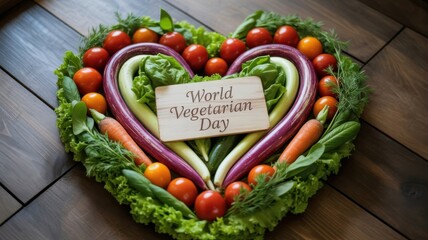 Celebrate World Vegetarian Day with Fresh, Vibrant Produce in a Heart Shape on Rustic Wood - Healthy Eating, Plant Based, Vegan Lifestyle