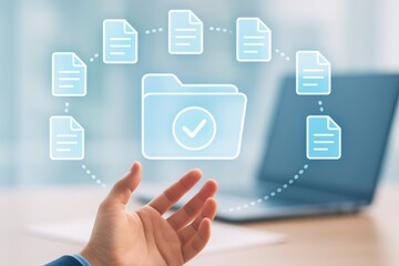 Digital document management system with hand reaching out toward folders and files on blurred office background