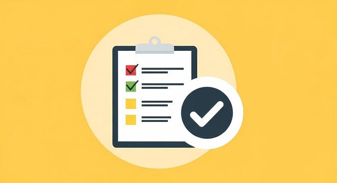 Illustration of a clipboard with checkboxes in red, green, and yellow alongside a white checkmark symbol on a yellow background, representing task completion and organization