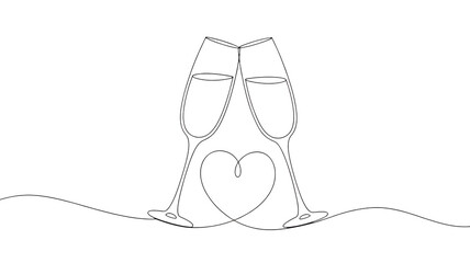 Continuous line drawing of champagne glasses cheers with heart love celebration romantic wedding design art 100 on transparent background