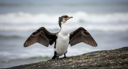 Bird with spread wings standing on rocky shore near water. Marine bird behavior and coastal nature scene. Wildlife observation and outdoor ecosystem