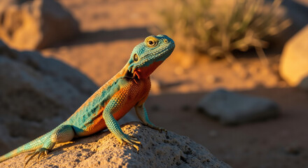 Obraz premium Colorful lizard basking on rocky surface in warm sunlight. Exotic reptile in natural environment for wildlife observation and desert ecosystem studies