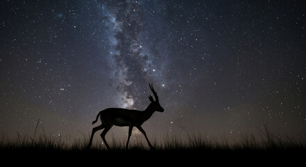 Deer silhouette against starry milky way sky at night. Wild mammal in natural grassland habitat for wildlife conservation and astronomy education campaigns