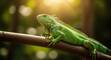 Fototapeta premium Green iguana sitting on wooden branch in natural habitat. Wildlife reptile basking in warm sunlight for nature conservation and environmental awareness campaigns